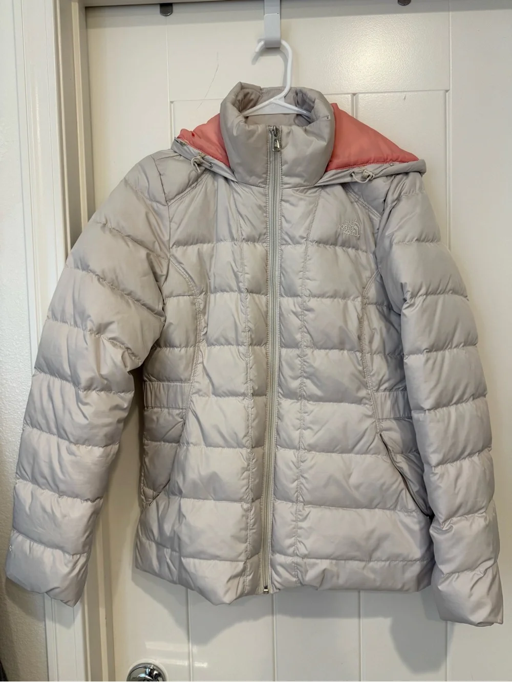 The North Face Light Gray Puffer Jacket with Pink Hood Lining